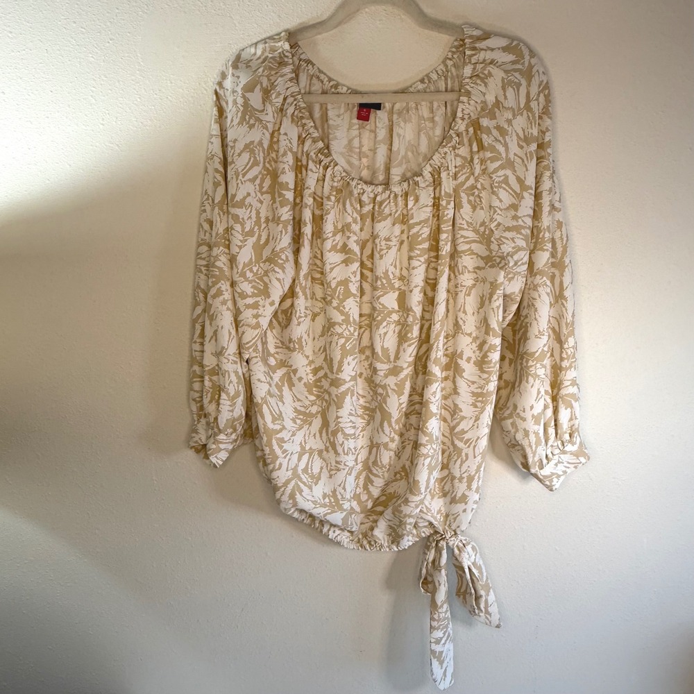 Vince Camuto Floral Tie Front Blouse Womens L Long Sleeve V Neck Boho Tan Cream‎